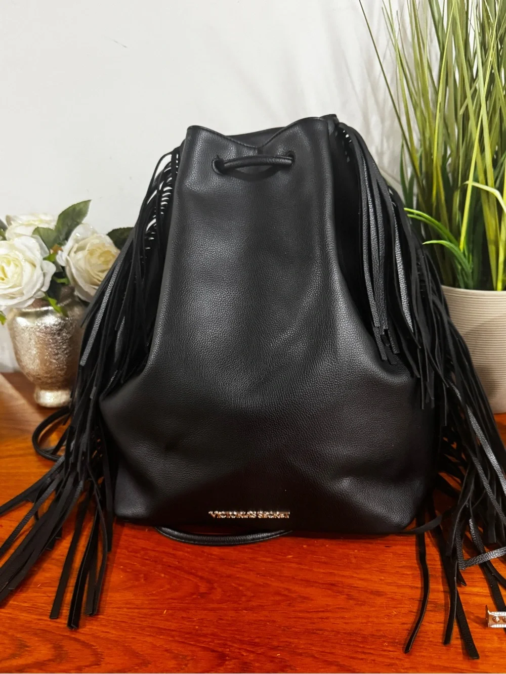 Victoria's Secret Black Fringe Drawstring Backpack